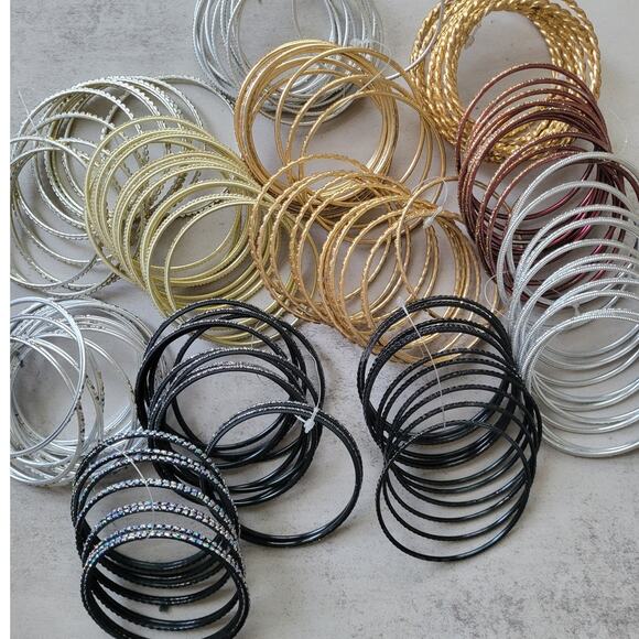 Silver with Gold Glitter Thin Metal Bangles Metallics Stack of 6 - Picture 4 of 5